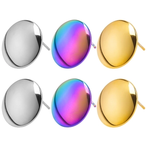 Detailed view of round 304 stainless steel stud earrings in silver, gold, and rainbow finish