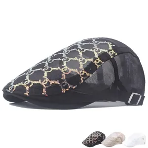 Sequin Mesh Beret Flat Cap Breathable Hollow Out Adjustable Summer Sun Protection Chic Outdoor Hat For Women