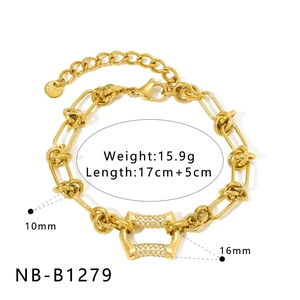 Detailed view of gold plated stainless steel heart bracelet with paved zircon and size specs