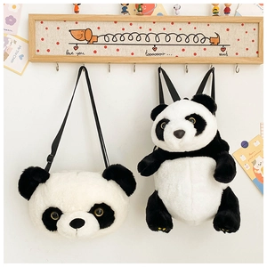 Close-up of cute plush panda shoulder bags with soft texture in a warm lifestyle setting