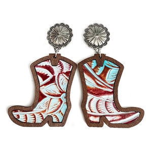 Western cowboy boot earrings with leopard print leather inlay and wood texture frame