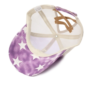 Purple tie-dye baseball cap with white stars and elastic criss-cross high ponytail mesh back