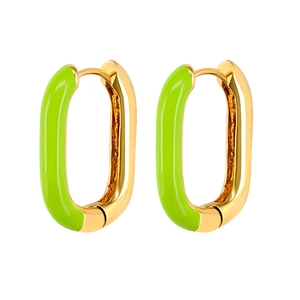 Close-up of gold-plated oval hoop earrings with vibrant green enamel glaze finish