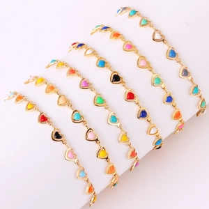 Set of colorful heart-shaped enamel link bracelets in gold-plated stainless steel