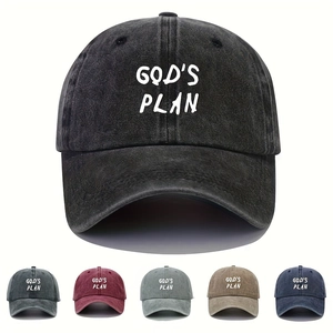 God's Plan Print Washed Denim Baseball Cap Retro Adjustable Soft Top Curved Brim Outdoor Sun Hat For Men Women