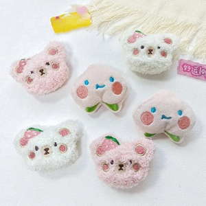 Set of cute plush bear and peach badges featuring soft faux fur and delicate embroidery