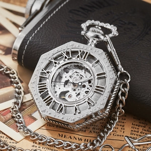 Silver octagonal hollow mechanical pocket watch with Roman numerals and metal chain