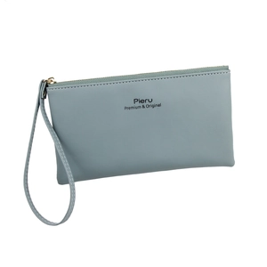 Grey-blue long zipper wallet for women featuring a wrist strap and spacious phone compartment