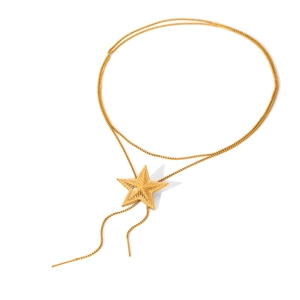 Long gold stainless steel pentagram star necklace with snake chain and tassel pendant