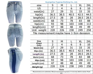 Tableau des tailles détaillé pour shorts en jean avec mesures de taille et de hanches