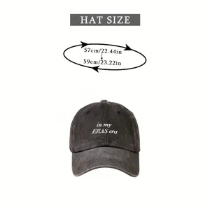 Size guide for the dark grey washed baseball cap with In My Eras Era white embroidery
