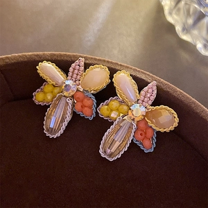 Boucles D'oreilles Puces À Fleurs Perlées Avec Tige En Argent Sterling 925 Cristal Coloré Strass Motif Abeille Bijoux