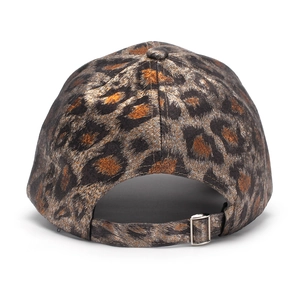 Detail view of the leopard print baseball cap featuring an adjustable metal buckle