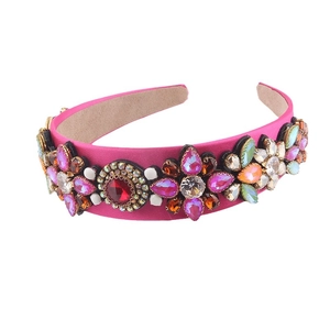 Baroque colorful rhinestone headband with rose red satin and floral jewel design