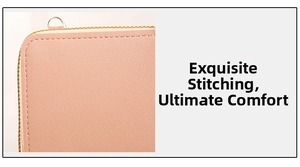 Close-up of precise stitching and gold zipper on nude pink pebbled leather phone bag