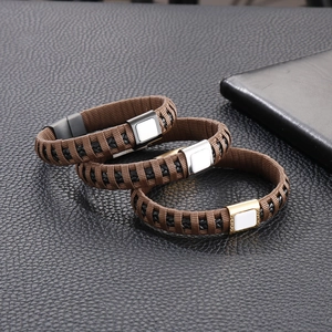 Men's double-layer braided leather bracelet with high-quality magnetic metal buckles