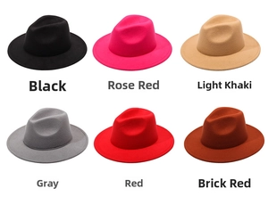 Classic wide-brim wool fedora hats shown in six solid colors with elegant wavy edges