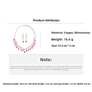 Detail specifications of pink crystal waterdrop necklace and earrings jewelry set