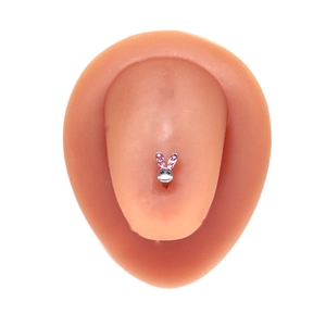 Surgical steel navel ring with silver bunny design and pink rhinestone inlays