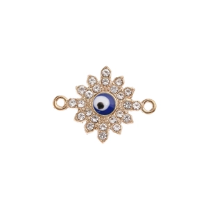 Detailed view of evil eye connector with gold finish and sparkling rhinestones