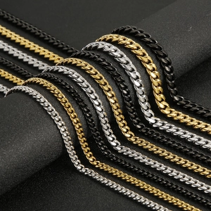 Polished Cuban link chains in gold, silver, and black, available in various widths