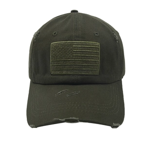 Distressed army green tactical baseball cap with monochromatic USA flag patch detail