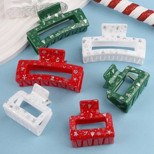 Set of 6 Christmas acrylic hair claws with festive snowflake and tree prints