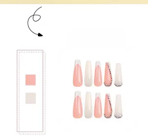 Detail of pink French coffin nails with white tips and elegant vertical diamond rhinestones