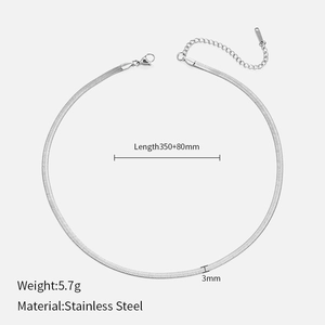 Detailed view of 3mm silver stainless steel flat snake chain necklace with length specs