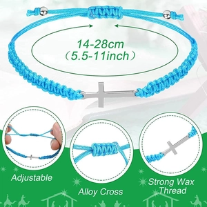 Pulsera trenzada ajustable de hilo encerado azul con cruz de plata para hombres y mujeres
