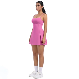 Detailed side view of pink sports dress with high slit and thin shoulder straps