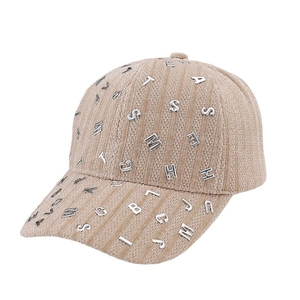 Fashionable beige corduroy baseball cap with silver metal letters and adjustable strap