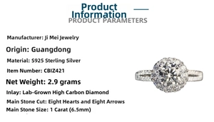 Macro view of 1ct moissanite halo ring with S925 sterling silver pave setting