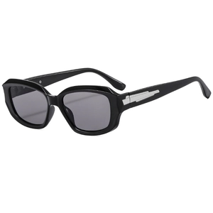 Fashionable black square sunglasses with silver streamline metal accents on wide temples