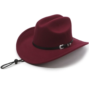 Classic burgundy felt western cowboy hat with black decorative band and adjustable chin strap