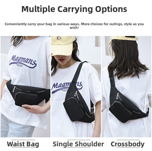 Three-way nylon waist bag showing waist, shoulder, and crossbody styling options