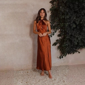 Satin halter neck sleeveless maxi dress with side split and backless design in rust orange