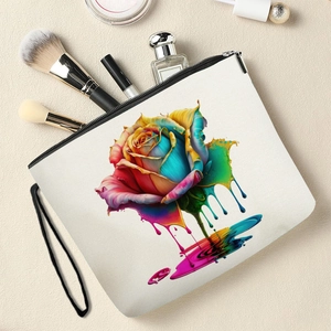 Floral makeup bag with vibrant rose pattern and black zipper for versatile travel storage