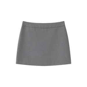 Detailed flat lay of minimalist grey A-line mini skirt with professional stitching detail