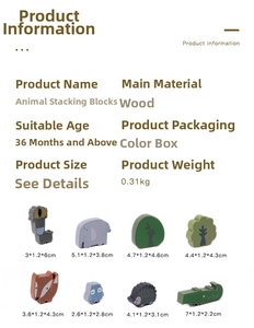 Detailed size chart for wooden animal balance blocks showing dimensions of each piece