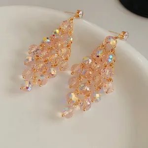 Elegante Pfirsich-Kristall-Ohrhänger mit Quasten und S925-Silbernadel für Damen
