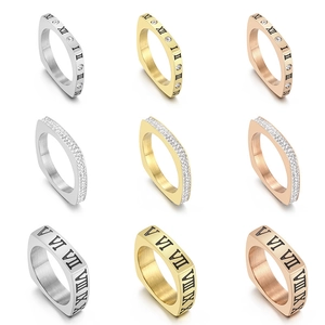 Square Stainless Steel Ring Roman Numerals Engraved Zircon Inlaid Luxury Minimalist Jewelry For Couples Unisex
