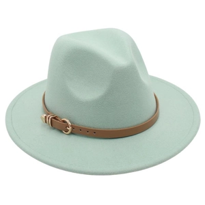 Detail view of mint green wool fedora with brown leather band and gold metal buckle
