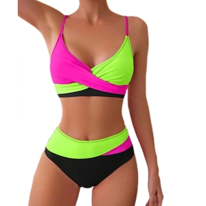 Neon color block bikini set with criss-cross top and high waist bottom for women