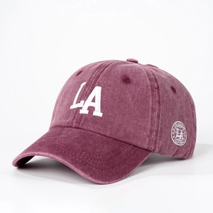 Adjustable washed cotton baseball cap in burgundy with LA embroidery and side patch