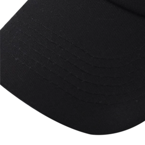 Close-up of black cotton baseball cap brim featuring five rows of reinforced stitching