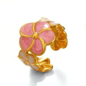 Pink and white enamel flower ring in gold finish with adjustable open band design