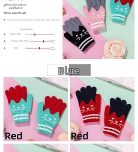 Detailed view of thick knitted gloves with colorful patterns and sizing specifications