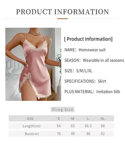 Tableau des tailles pour nuisette en soie glacée rose avec dentelle et mesures