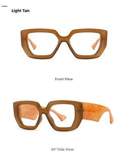 Detailed front and side views of geometric light tan frames with amber tortoiseshell temples